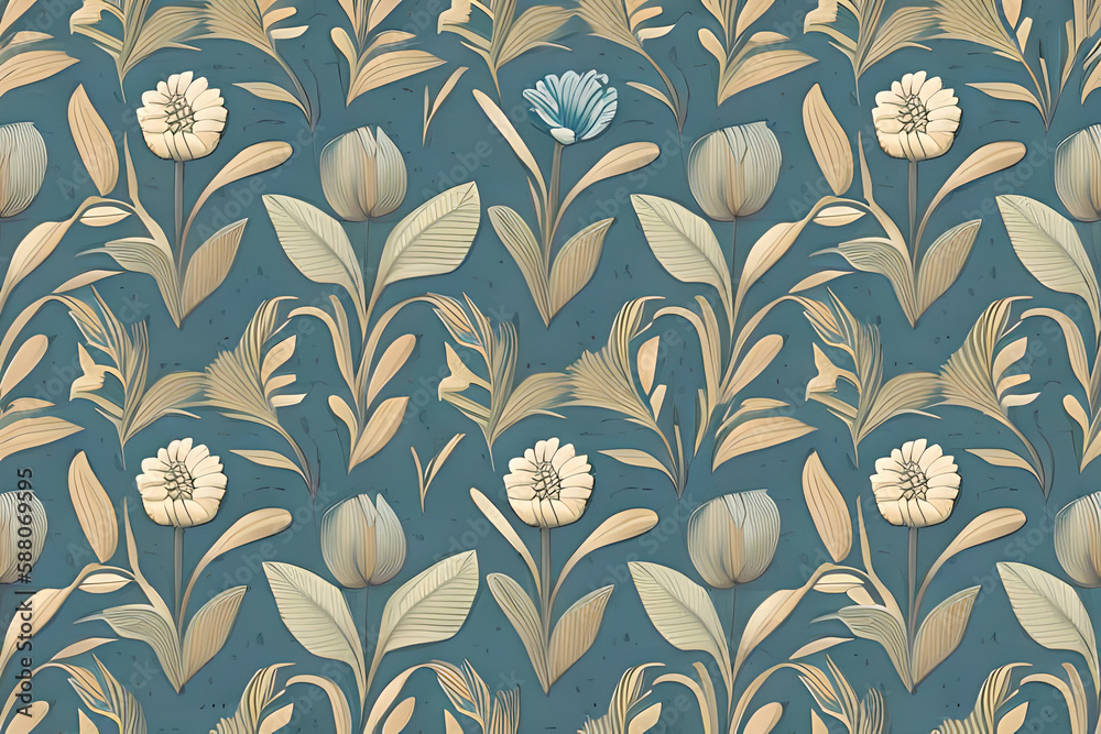 Abstract blue flower and leaves seamless pattern background. Flower and leaf clip illustration texture. Generative AI.