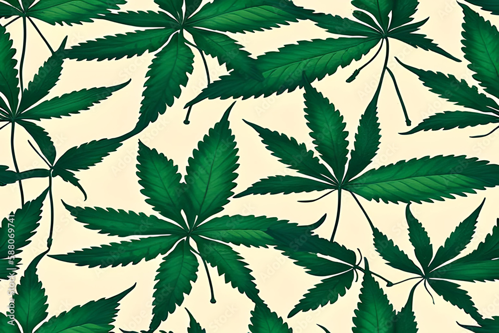 Green cannabis marijuana leaves seamless pattern background. Cannabis clip and background. Concept of drugs, hemp. Generative AI.
