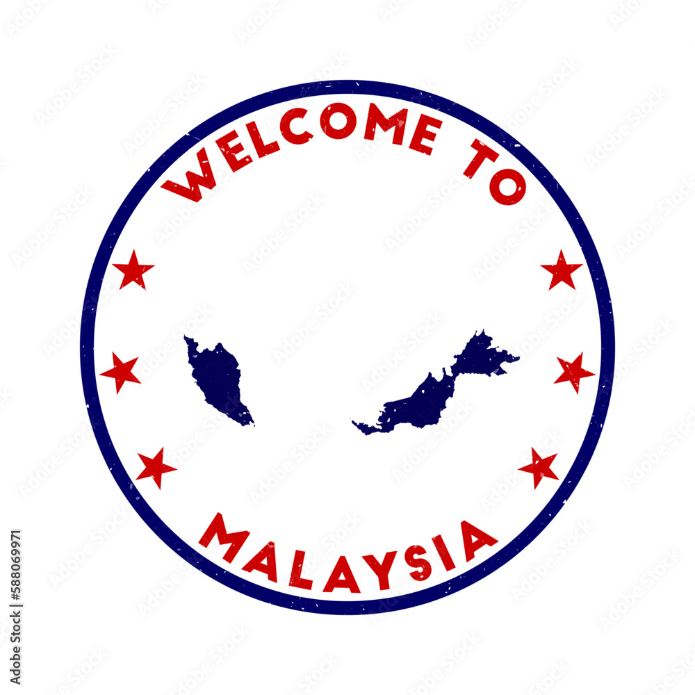 Welcome to Malaysia stamp. Grunge country round stamp with texture in a communist color theme. Vintage style geometric Malaysia seal. Amazing vector illustration. Welcome to Malaysia stamp. Grunge country round stamp with texture in a communist color theme. Vintage style geometric Malaysia seal. Amazing vector illustration.
