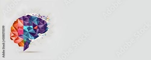 Colorful low poly style side view human brain illustration banner on white beige background with copy space