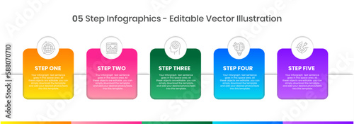 5 Steps Infographics Design Template - Graph, Pie chart, workflow layout, squire diagram, brochure, report, presentation, web design. Editable Vector illustration