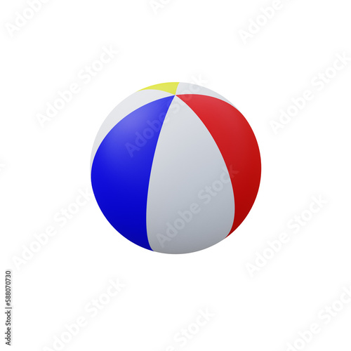 Beach ball with blue, white, yellow and red stripes on a white background.3d render.