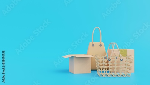 Paper bags, cardboard boxes, can be used to store items. Can be recycled. On a blue background.3d render.