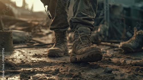 close up Illustration of a military man walking on an empty destroyed environment. Destruction, war scene. Smoke and fog. Sad combat feeling. Generative Ai.