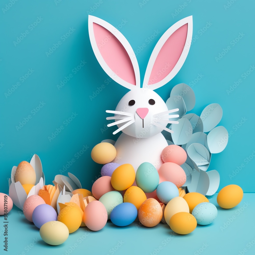 Obraz premium Cute Easter Bunny Paper art, Generative AI,
