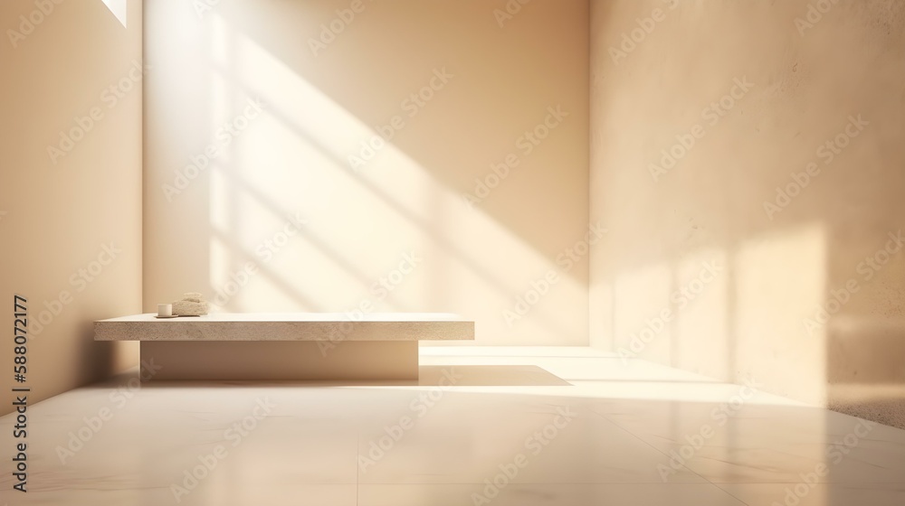 Fototapeta premium Light Beige Wall with Sunlight Beams and White Table/Floor for Product Presentation Background