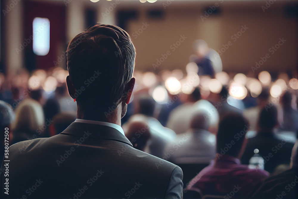 Fototapeta premium Man, back view speaker at business conference or meeting presentation, defocused audience in conference hall.