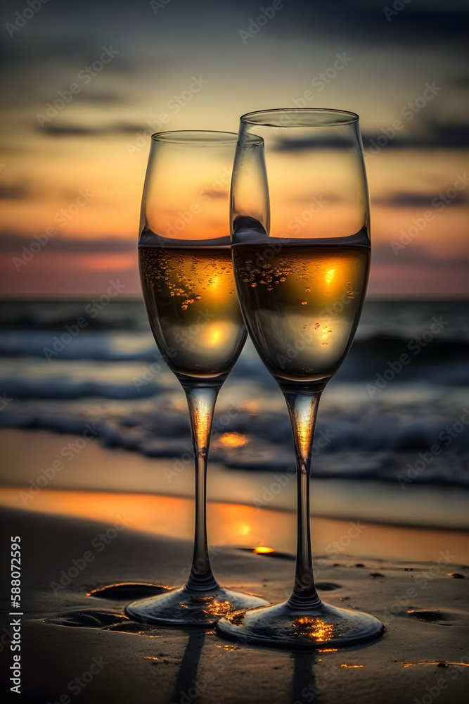 Two glasses of champagne on the beach at the sunset with sea on the background. Romantic evening on the beach with sparkling wine in high glasses. Generative AI