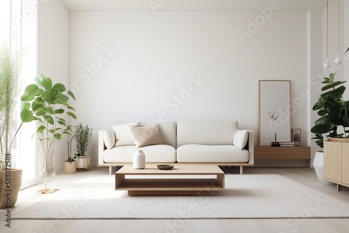 cozy living room with plants  a comfortable couch  and a coffee table. Generative AI