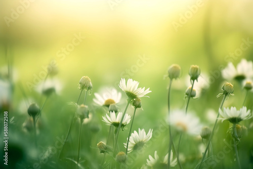 Chamomile flowers field wide background in sun light. Summer Daisies. Spring or summer nature scene with blooming white daisies in sun glare, generative ai