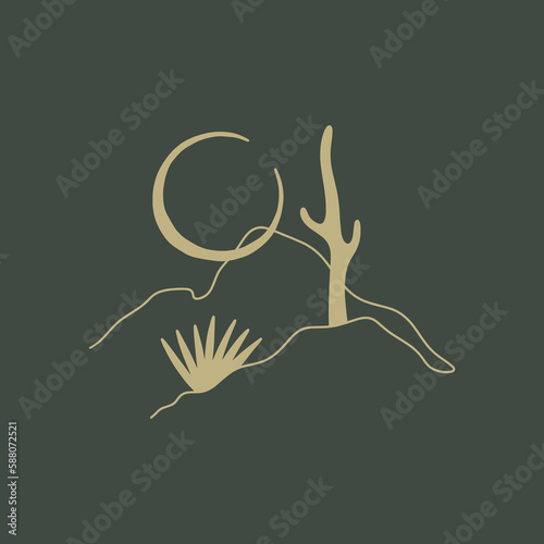 Abstract minimalist boho vector line moon cactus on background desert landscape scene