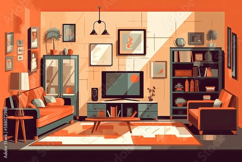 cozy living room with modern furniture and a large flat screen TV. Generative AI