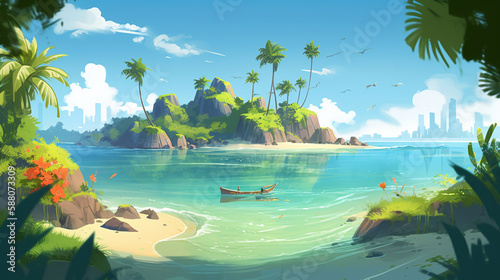 tropical paradise island with white sandy beach palm trees  pristine waters  vibrant  stylized digital art piece with a bright midday sun. Created using generative AI.