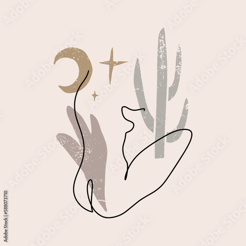 Beautiful line continuous girl moon desert plants concept, esoteric theme vector art celestial magic astrology