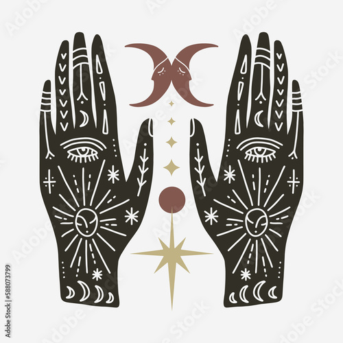 Vector sacred esoteric Reiki magical ornate witch spell hands set template. Linear astrology tattoo aztec style, boho design.