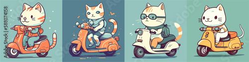Flat color vector of happy cats riding scooter set collection