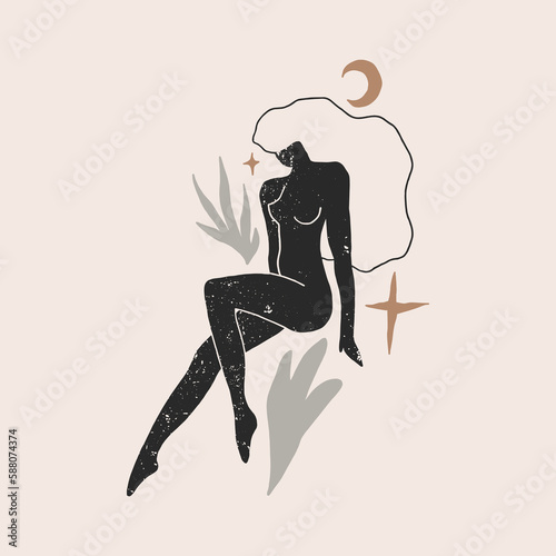 Beautiful girl moon desert plants concept, esoteric theme vector art celestial magic astrology
