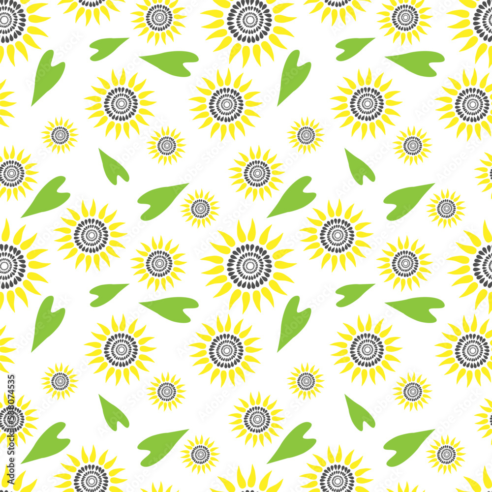 vector illustration seamless pattern of stylized sunflower and leaves vector illustration seamless pattern of stylized sunflower and leaves