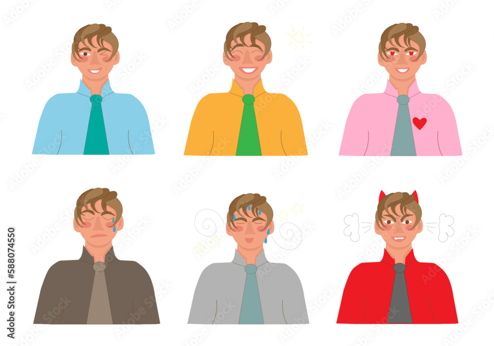 vector illustration set of different moods and emotions. young man vector illustration set of different moods and emotions. young man