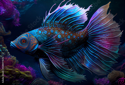 An adorable cartoon fish with a long colored tail and fins.