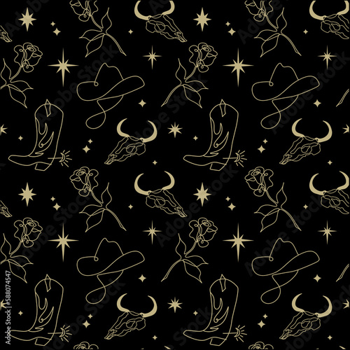 Wild west minimalism magic beautiful thin line seamless pattern linear aesthetic set vector image with cowboy hat, rose, bull skull, cowboy boots, stars shapes and cacti