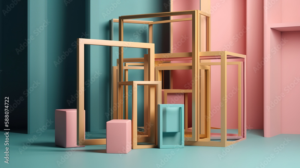 3d rendering, abstract geometric background with golden square frame. Generative Ai 3d rendering, abstract geometric background with golden square frame. Generative Ai