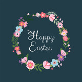 Greeting hand-write lettering -Happy Easter- with flower wreath. Vector design Easter illustration, poster, and greeting card.