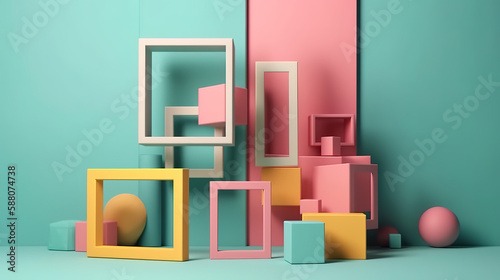 3d rendering, abstract geometric background with golden square frame. Generative Ai