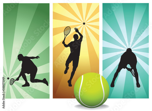 Tennis Player Silhouettes Set 3 - Vector. Mens players with balls on Retro Backgrounds. Easy change colors. (Check out my portfolio for other silhouettes).