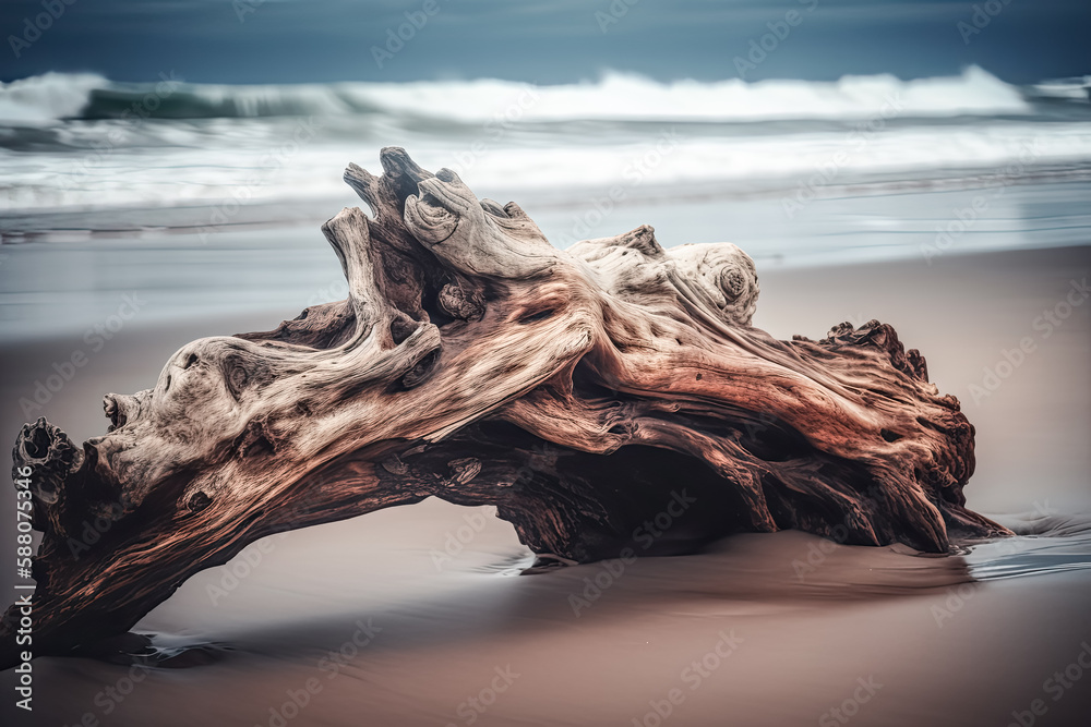 A soft driftwood piece lies upon a sandy beach, gently curved by the waves that crash around it. - generative ai.