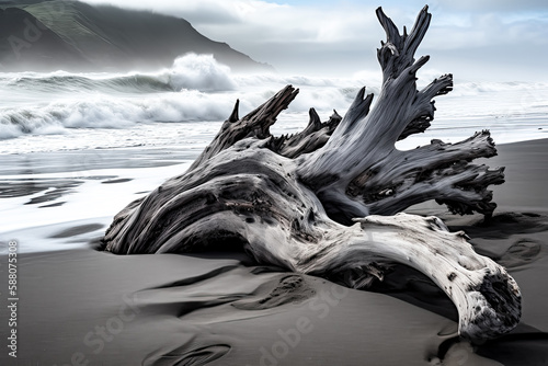 A Magnificent piece of driftwood lays atop a tranquil beach with crashing waves - generative ai.
