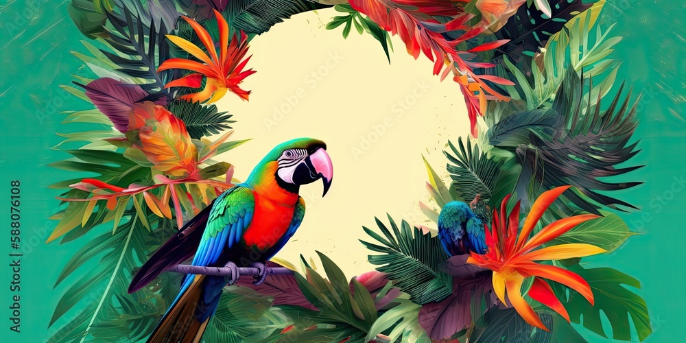 Obraz premium Colorful background with tropical birds - generative AI Art