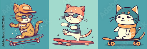 Flat color vector of happy cats on skateboard set collection