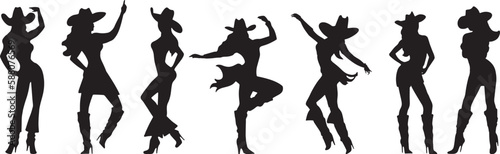 Silhouette of beautiful cowgirl girl dancing at the country music festival. Beautiful slender women in cowboy hat