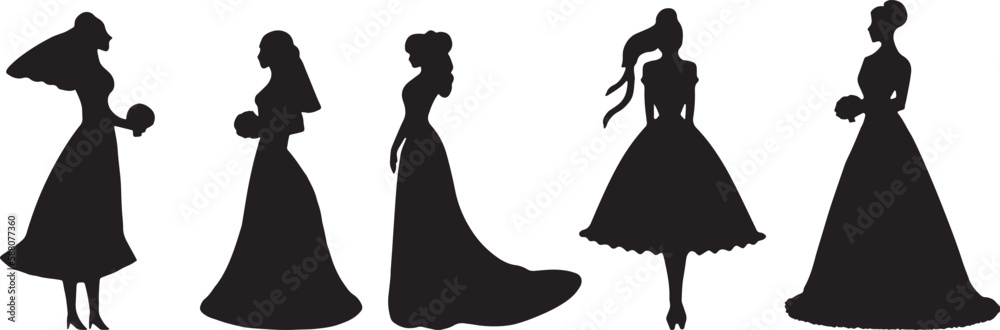 Silhouette of a bride in a magnificent dress. Vector print for wedding salon or wedding hall design. Happy wedding invitation design