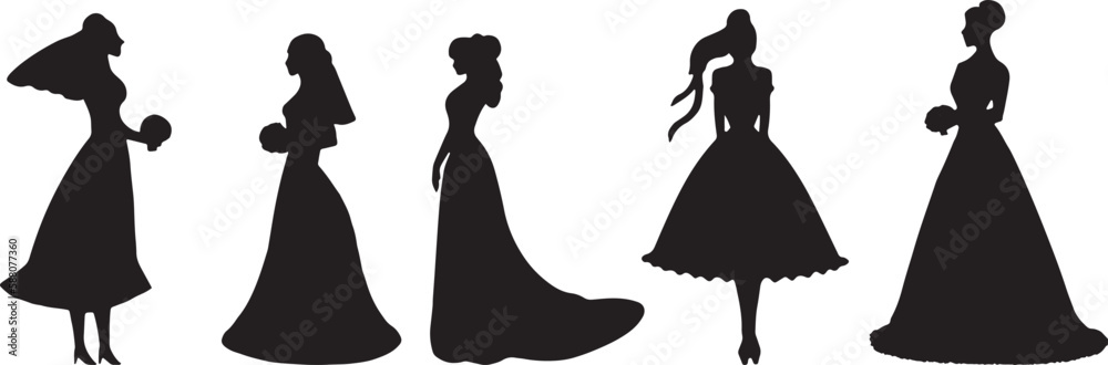 Silhouette of a bride in a magnificent dress. Vector print for wedding salon or wedding hall design. Happy wedding invitation design Silhouette of a bride in a magnificent dress. Vector print for wedding salon or wedding hall design. Happy wedding invitation design