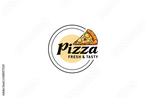 Pizza logo design template with delicious toppings modern creative