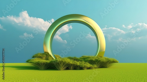 3d render, panoramic landscape. Abstract background with green grass. Generative Ai