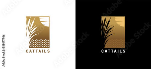 Cattail logo design in silhouette with ocean waves background