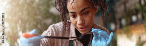 Woman florist making succulent plant composition at floral design studio and looking at camera