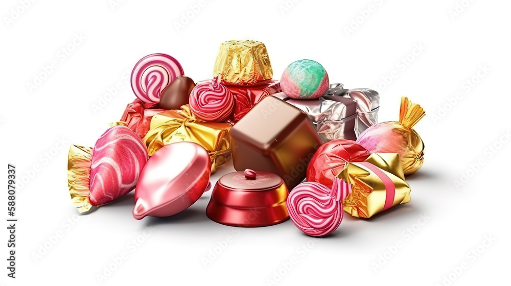 3d rendering, assorted festive clip art: sweets, candies, wrapped chocolates. Generative Ai 3d rendering, assorted festive clip art: sweets, candies, wrapped chocolates. Generative Ai