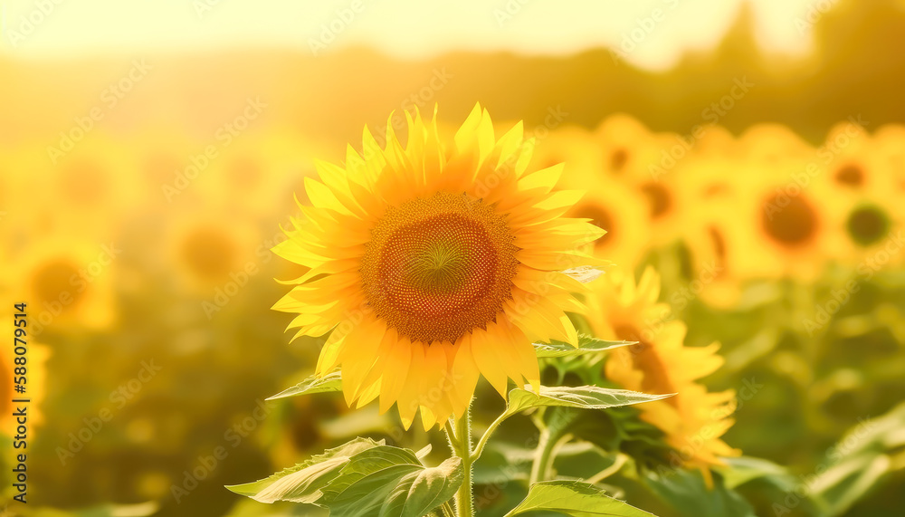 Sunflower field at sunny day, soft lights, blurred background. Generative AI.