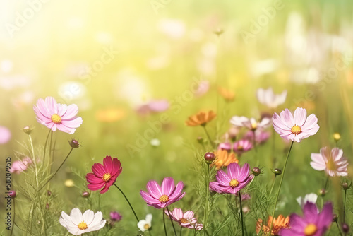 Beautiful blooming cosmos flowers in green meadow on sunny day. Generative AI.