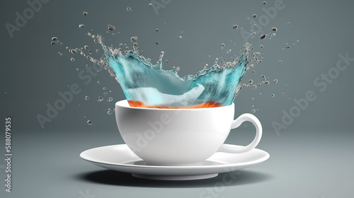 Splashing water in the shape of a coffee cup with porcelain saucer, Bright color. Generative Ai
