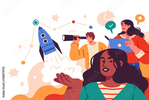 Business Teamwork illustrations. Collection of scenes with men and women taking part in business activities. Trendy style