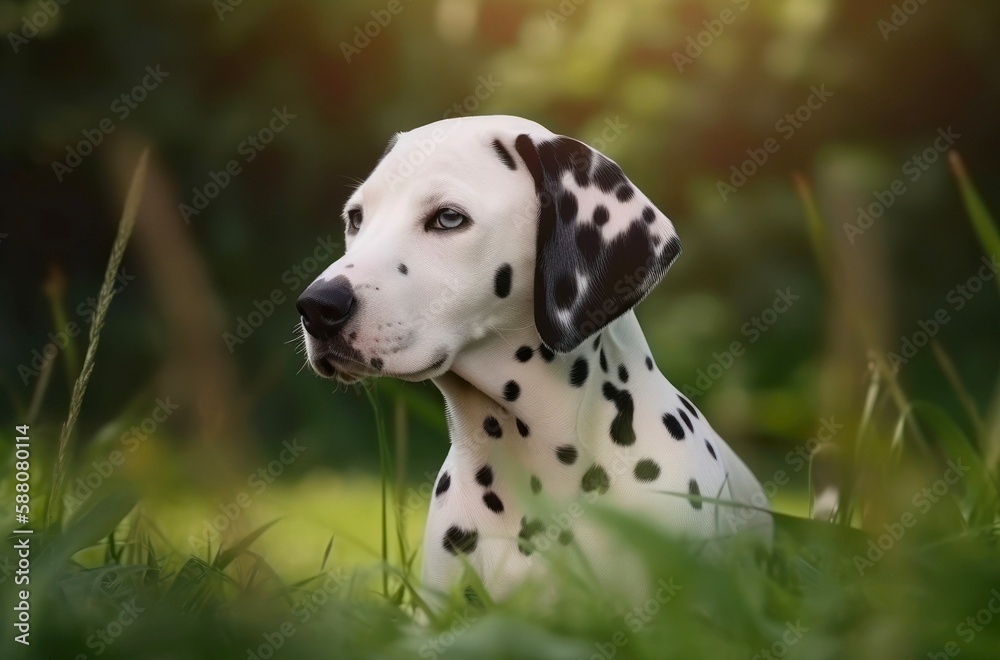 Portrait of a dalmatian lying in the grass outdoor. Generative AI.