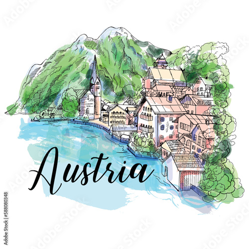 Hand drawn sketch style view of Hallstatt village isolated on white background. Colored vector illustration.
