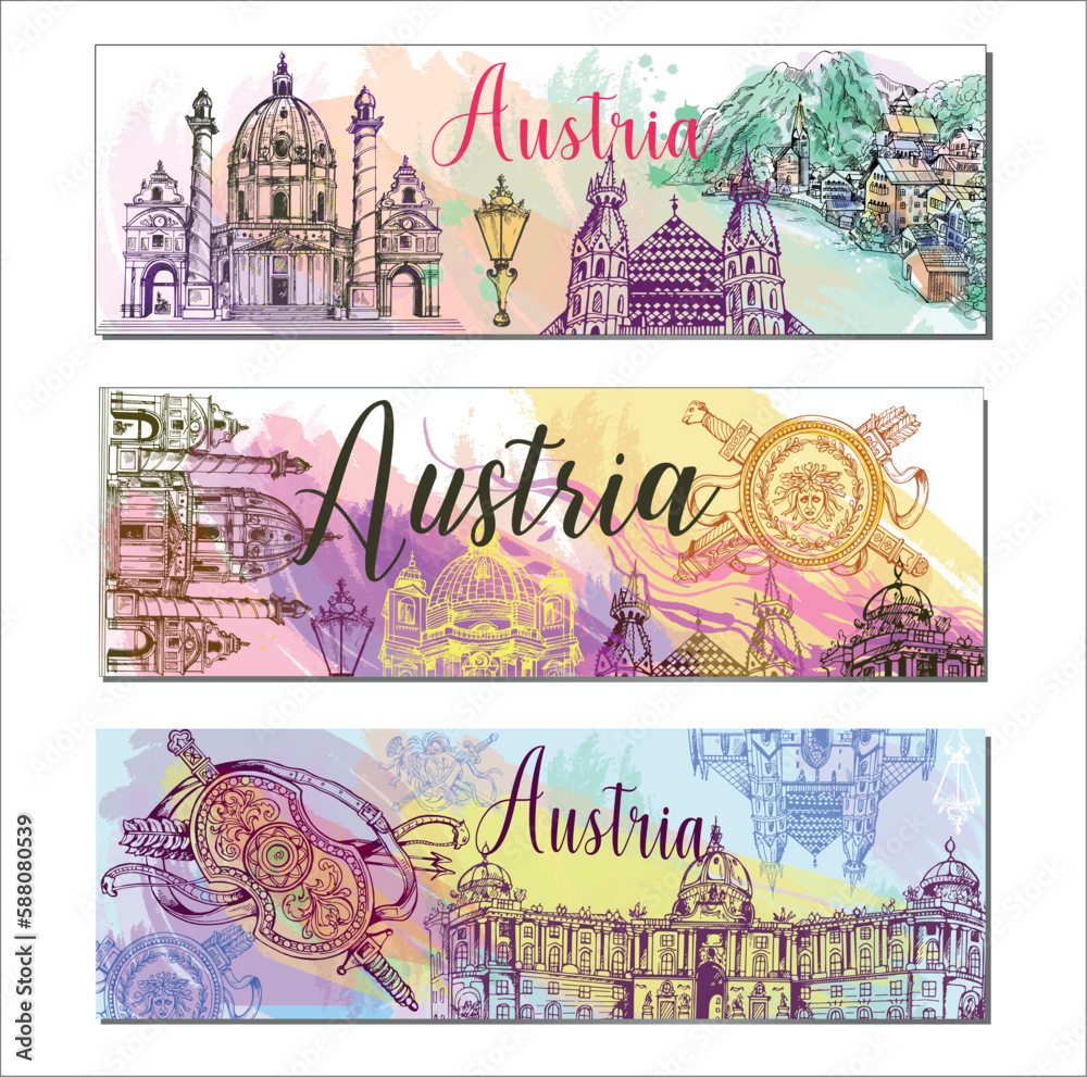 Ταπετσαρία Poster card with hand drawn sketch style Austria related places, buildings, objects isolated on white background