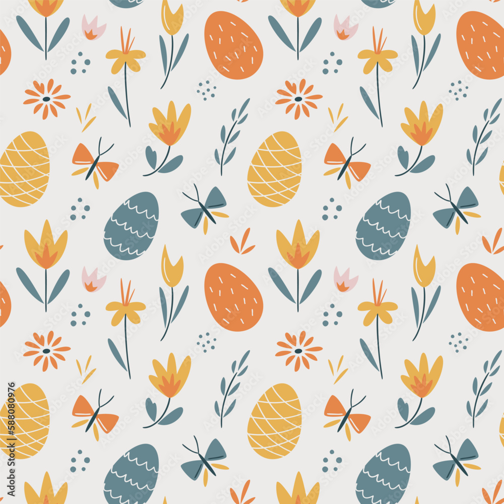 Easter seamless pattern with easter eggs, flowers and butterfly. My First Easter. Perfect for textile, wallpaper or print design Easter seamless pattern with easter eggs, flowers and butterfly. My First Easter. Perfect for textile, wallpaper or print design