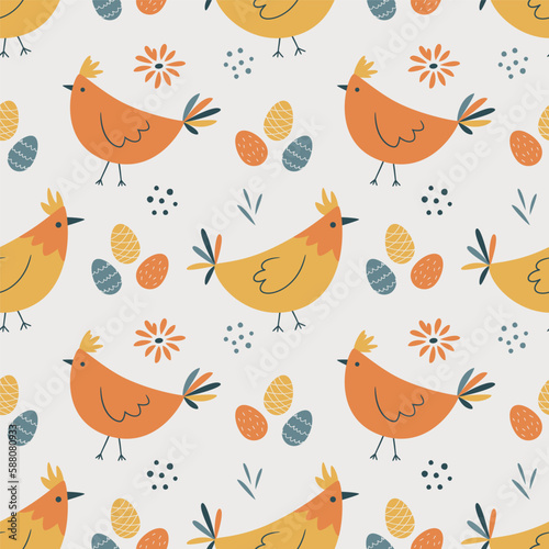 Easter seamless pattern with chickens, easter eggs, flowers and butterfly. My First Easter. Perfect for textile, wallpaper or print design